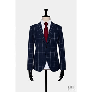 Navy Blue Windowpane Wool Linen 2 Button Peak Lapel Jacket - เสื้อแจ็คเก็ตสูทสีกรมลายตาราง