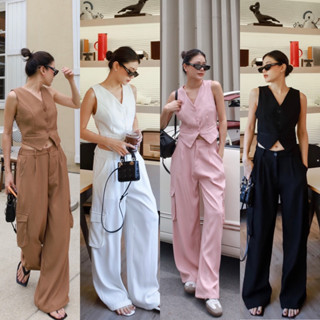 Nudeaholic 💚💙 6601 MINI VEST BLAZER SET ชุดเซทแขนกุด มาพร้อมกางเกงคาร์โก้ ผ้าโพลีเอสเตอร์เนื้อหนา