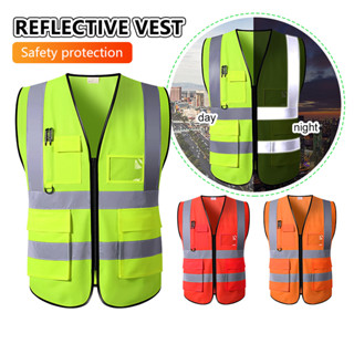 เสื้อกั๊กสะท้อนแสง safety vest เสื้อจราจรสะท้อนแสง มีซิปด้านหน้า เพื่อความปลอดภัย มองเห็นชัดสูง สําหรับทํางานก่อสร้าง