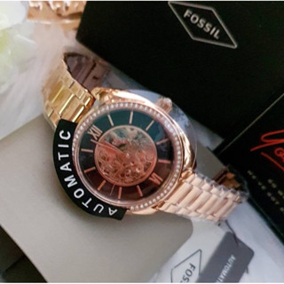 (ผ่อน0%) นาฬิกา Fossil BQ3728 Vale Automatic Rose Stainless Steel Watch  หน้าปัดสีดำ โรสโกลด์ ขนาด 35มม. สายสแตนเลส