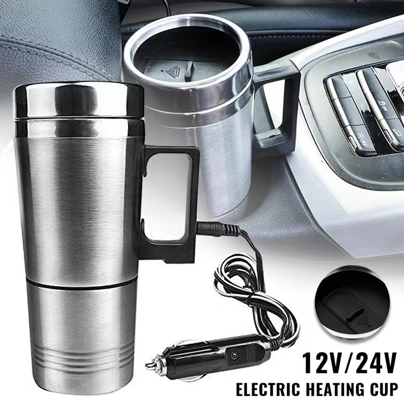 ถ้วยความร้อนไฟฟ้า 12V/24V สำหรับรถยนต์ แก้วเก็บความร้อน 500มล ถ้วยทำความร้อนในรถ แก้วเก็บความร้อนสเตนเลส กาต้มน้ำร้อนถ้ว