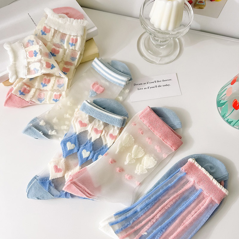 Rika.shop ถุงเท้าทอลายน่ารัก ถุงเท้าน่องสูง ระบายอากาศได้ดี ใส่แล้วหวานม๊าก