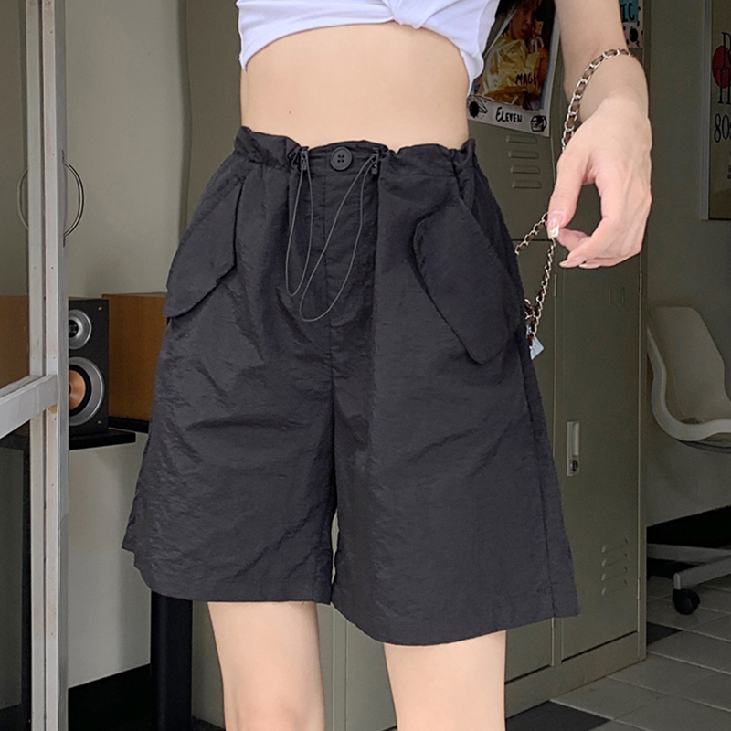 Luna shop กางเกงลำลอง ฤดูร้อนเอวสูงหลวมกระชับบางขากว้างหย่อน