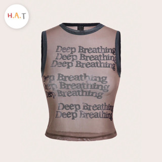 | NEW | เสื้อครอปสั้น ผ้าตาข่ายซีทรู แบบแขนกุดและแบบแขนสั้น สกรีนลายDeep breathing