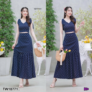 MM18771 set 2 ชิ้น เสื้อ ครอปลายจุด ผูกไหล่ + กระโปรงลายจุดยาว Set 2 pieces. Shirt, crop top, shoulder tie + long polka