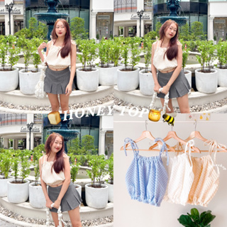 🍞HONEY TOP🍯🐝 พร้อมส่งด่วน! ส่งไว! เสื้อสายเดี่ยวผูกไหล่เอวจั้ม สายเดี่ยวจั้มเอว ผูกไหล่สก๊อต ลายสก๊อตน่ารัก