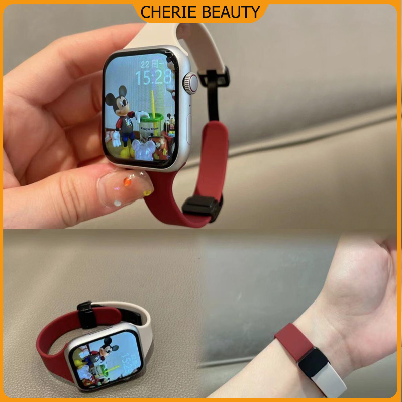 สายนาฬิกาซิลิโคนแม่เหล็ก ultra49mm46mm44mm40mm42mm38mm45mm41mm พับสองสีหัวเข็มขัดแม่เหล็ก iWatch 10/9 8 7 6 5 4 3 2 1 Se
