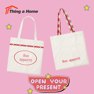 Thing a Home กระเป๋าถือผ้าแคนวาส สายกระเป๋าลายสก็อตแดง กระเป๋าคล้องแขน ขนาดเล็ก canvas bag