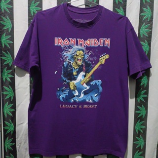 เสื้อยืดมือสอง ต่างประเทศ เสื้อวงดนตรีเฮฟวีเมทัล IRON MAIDEN สีม่วงใส่แล้วจะง่วงได้ไง Size L.อก22/ยาว29