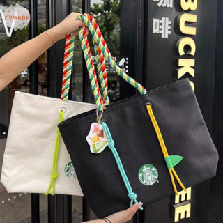 พร้อมส่ง ร้านไทย กระเป๋า Starbucks ผ้าเเคนวาส แบบใหม่ เก๋มาก งานถักเชือก ใบใหญ่จุใจ จุของได้เยอะ 46*38*10 ซม.