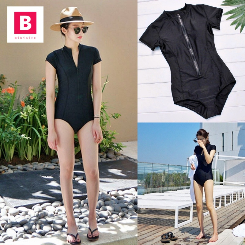BikiniFC🧸 (M-XL) SB189 ชุดว่ายน้ำวันพีซ สีดำแขนสั้น ซิปหน้า มีฟองน้ำเสริม ผ้าว่ายน้ำ บิกินี่ ชุดเที่