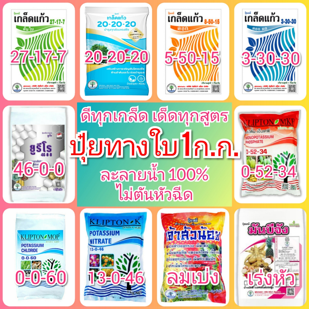 ปุ๋ยทางใบ 1 กิโลกรัม ปุ๋ยเกล็ด ปุ๋ยเกล็ดแก้ว คลิปตั้น klipton เร่งต้น เร่งใบ เร่งดอก เร่งแป้ง เร่งหัว สูตรเสมอ เร่งงาม