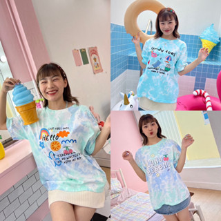 🌤️พร้อมส่ง🌤️Oversize t-shirt เสื้อยืดoversize ผ้ามัดย้อมสีพาสเทล ลายน่ารักมากก สีไม่ตก100%