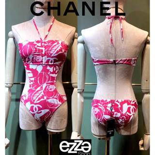 CHANEL  SWIMWEAR ชุดว่ายน้ำ วันพีช ผ้าLycra เสริมฟองน้ำ แพทเทิลสวยมาก ผูกคอ ชาแนล