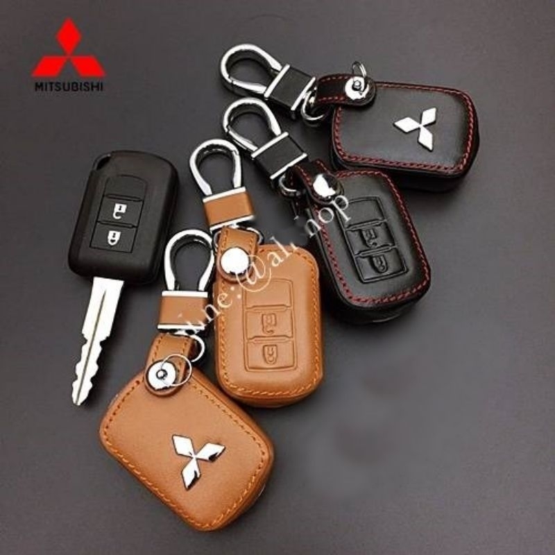 ซองหนังแท้ ใส่กุญแจรีโมทรถยนต์ รุ่นดอกกุญแจ โลโก้เหล็ก Mitsubishi Attrage,Triton,Mirage