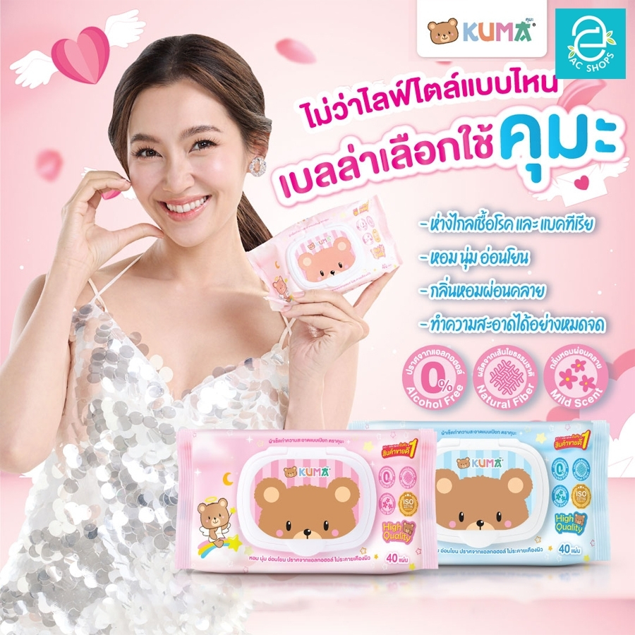 [ยกลัง] KUMA ทิชชู่เปียกคุมะ รุ่นฝาปิด ขนาด 36 ห่อ 40 แผ่น​/ห่อ (คละสี) ตรา คุมะ Facial Tissue
