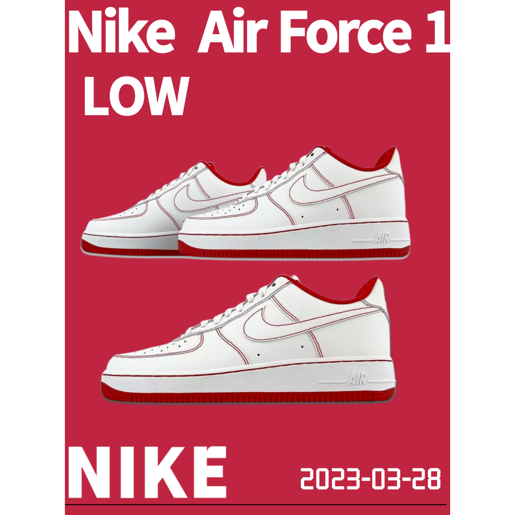 Nike Air Force 1 07 สีขาวแดง งานเย็บ All-match รองเท้าสเก็ตบอร์ดหุ้มข้อต่ำ รองเท้าผ้าใบ