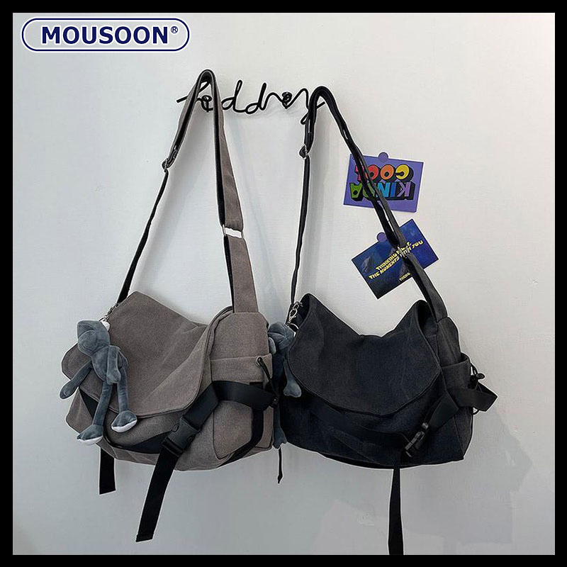 Mousoon กระเป๋าสะพายไหล่กระเป๋าผ้าใบกระเป๋า Messenger สไตล์เกาหลีเรียบง่ายย้อนยุคอินเทรนด์เท่อินเทรนด์