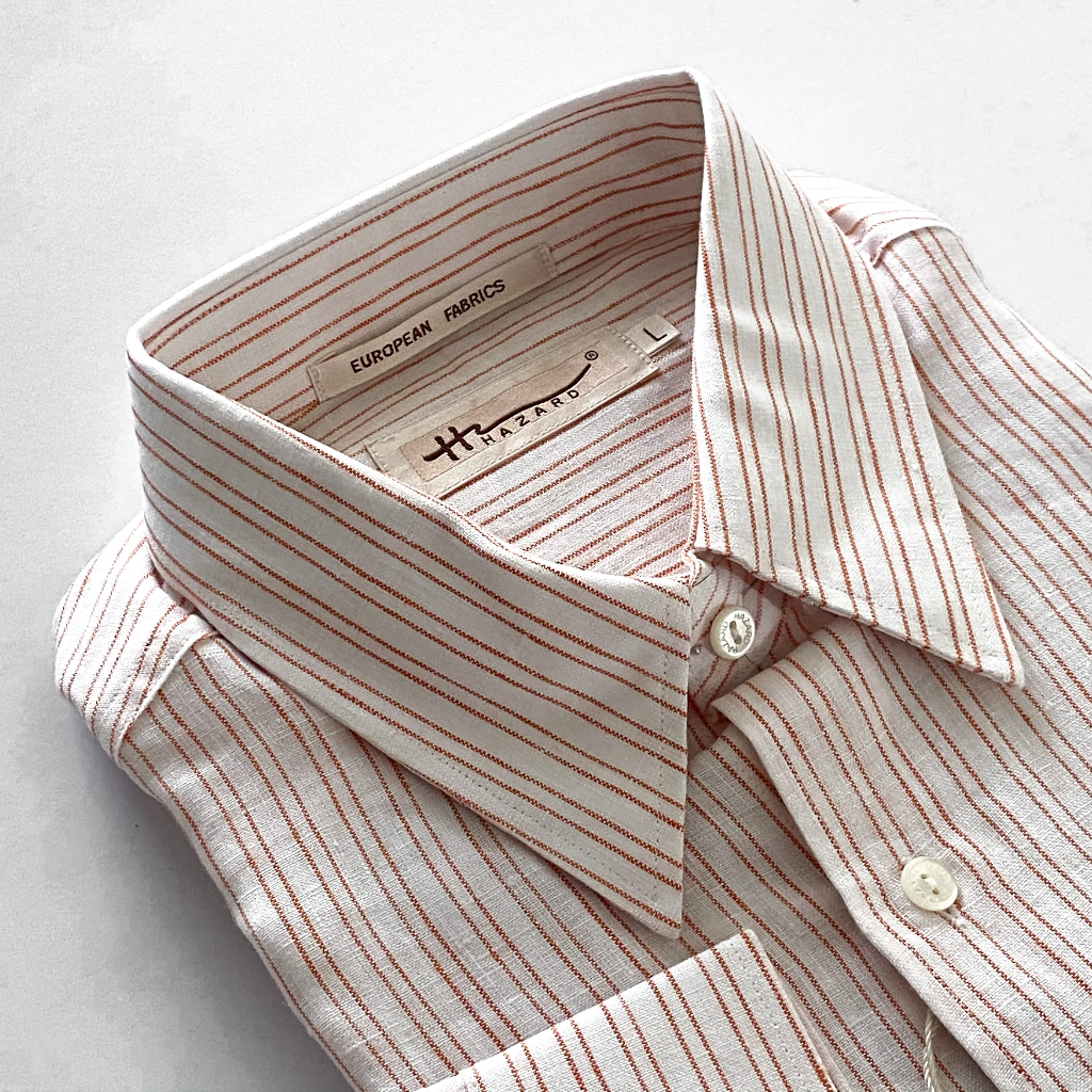 Hazard เสื้อเชิ้ตทำงานแขนยาวลายทาง ผ้า Linen(ลินิน) สีส้มอ่อน – โปรปัง