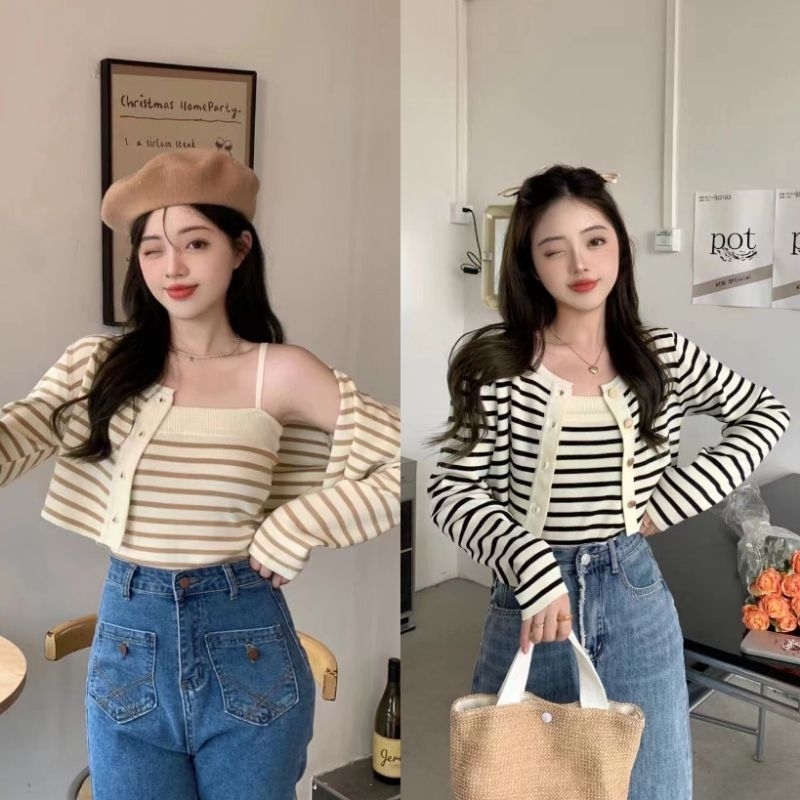 Pudding ~พร้อมส่ง~ "9526+9526-2-C/9526-1" เสื้อสายเดี่ยวไหมพรม+ เสื้อคลุม ลายทางน่ารักมาก