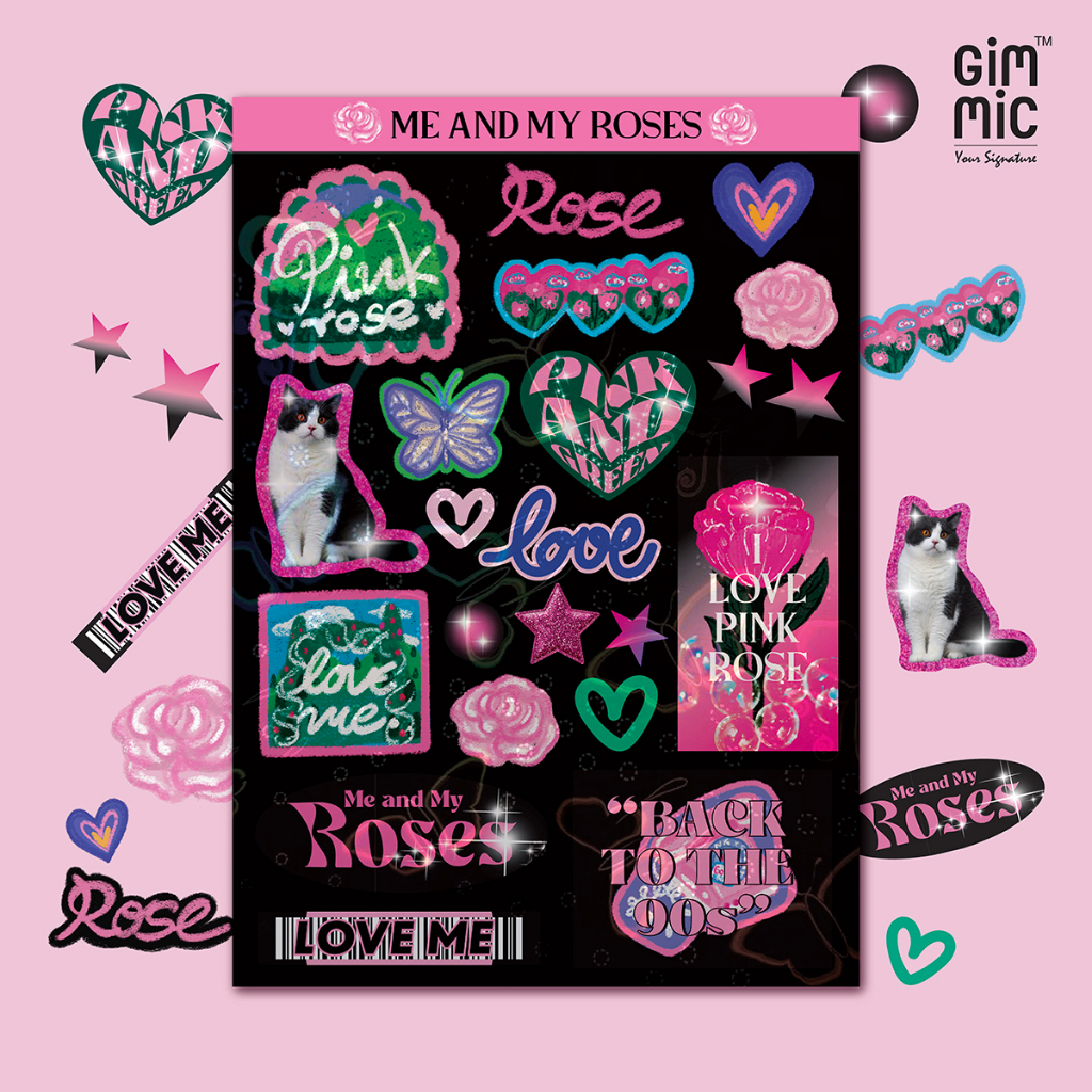 Y2K Glitter Sticker ✨🦋 ME AND MY ROSES🌹✨ Sticker Sheet A5 สติกเกอร์เคลือบกลิตเตอร์ไดคัทแบบแผ่น (Gimm