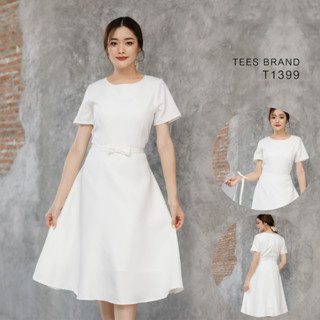 TEESBRAND  T1399 ชุดทำงานสีขาว ทรงบาน เสื้อคอกลม มีโบว์เข็มขัด