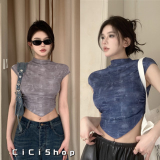 Cicishop(J357)เสื้อครอปท็อปแขนกุด จับจีบด้านข้าง แต่งลายกระเป๋ายีนส์ สำหรับสาวสุดเท่ห์ ชิคๆ