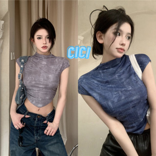 Cici(NO.J357)เสื้อครอปท็อปแขนกุด จับจีบด้านข้าง แต่งลายกระเป๋ายีนส์ สำหรับสาวสุดเท่ห์ ชิคๆ