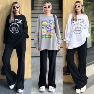 Yunaka ชุดเซ็ต 2 ชิ้น เซทเสื้อคอกลมแขนยาว อก 46-50” Oversize set กางเกงขายาว ทรงขาม้า เอว 22-36”