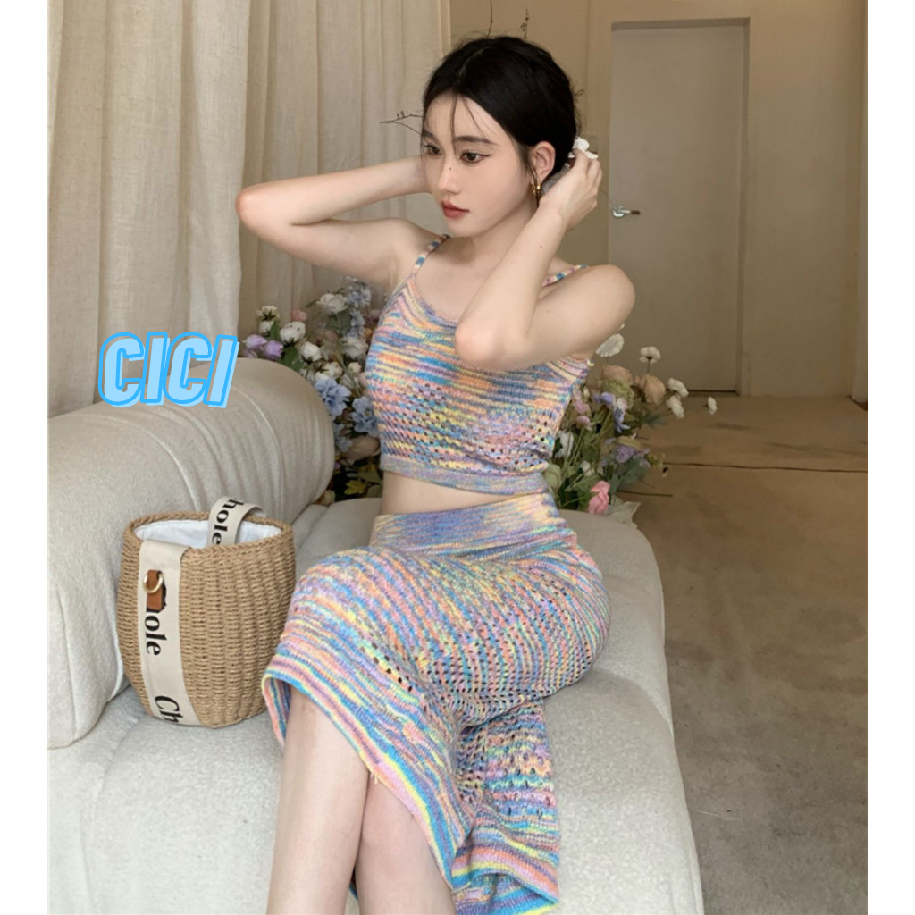 ส่งทันที Cici(NO. 72120)ชุดSETสายเดี่ยว+กระโปรงไหมพรมถักทรงยาวซีทรูเบาๆ สีรุ้งน่ารัก