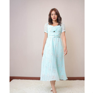 SP311 : Blue Floral Chiffon Dress เดรสชีฟองแขนสั้น