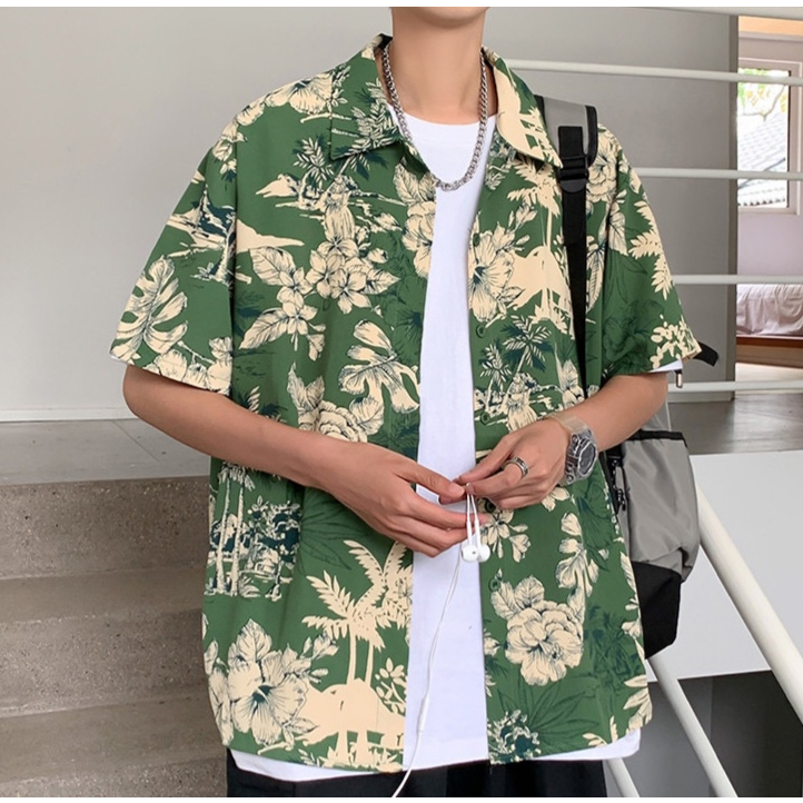 EERSHENSHI เสื้อเชิ้ตผู้ชายสีเขียวแขนสั้นเสื้อเชิ้ตผู้ชายฤดูร้อนบางส่วนฮ่องกงรสย้อนยุคสบายๆฮาวายเดินทางดอกไม้ชายหาดเสื้อดอกไม้น้ำ - รูปที่ 5