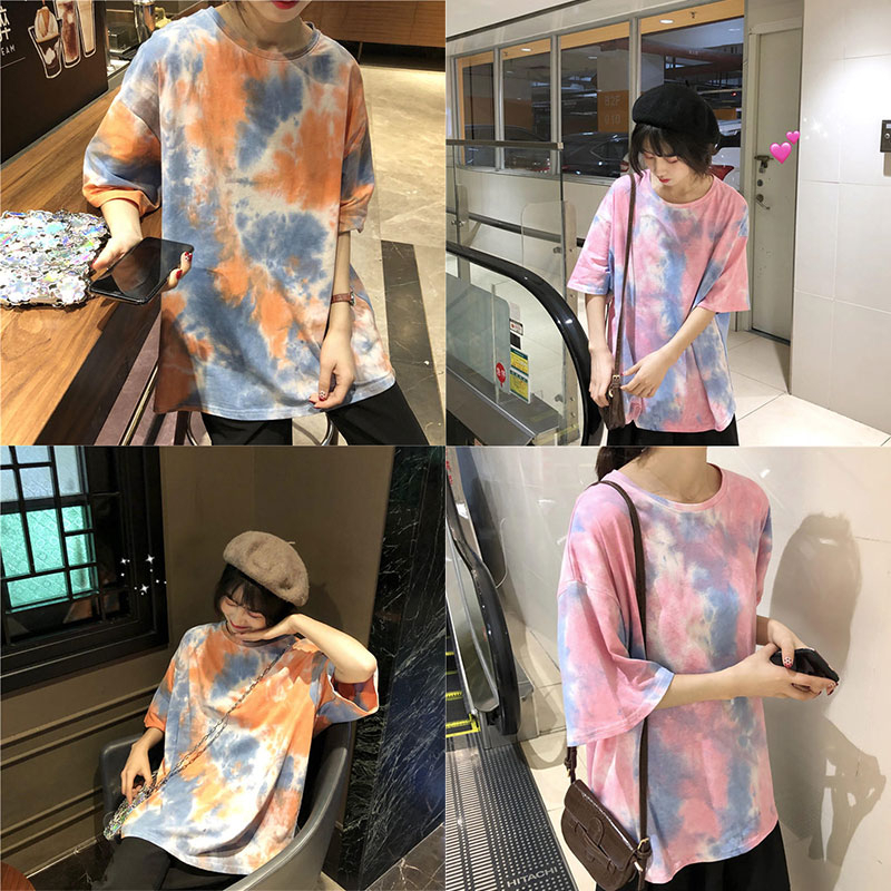 เสื้อยืดแขนสั้นลายมัดย้อม oversize เสื้อผ้าแฟชั่นสาวอวบผู้หญิง เกาหลี