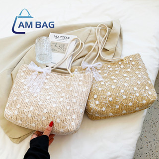 AmBag シกระเป๋าสะพาย กระเป๋าสานแฟชั่นตกแต่งลูกไม้สไตล์เกาหลี เชือกถัก ถือ พกพาสะดวก❤