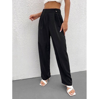 Zara กางเกงขายาว ขากระบอก จับจีบด้านหน้า เอวสูง เนื้อผ้าโพลีเอสเตอร์ ผ้าไม่ยืด กางเกงซิปหน้า กระดุมป้ายด้านข้าง
