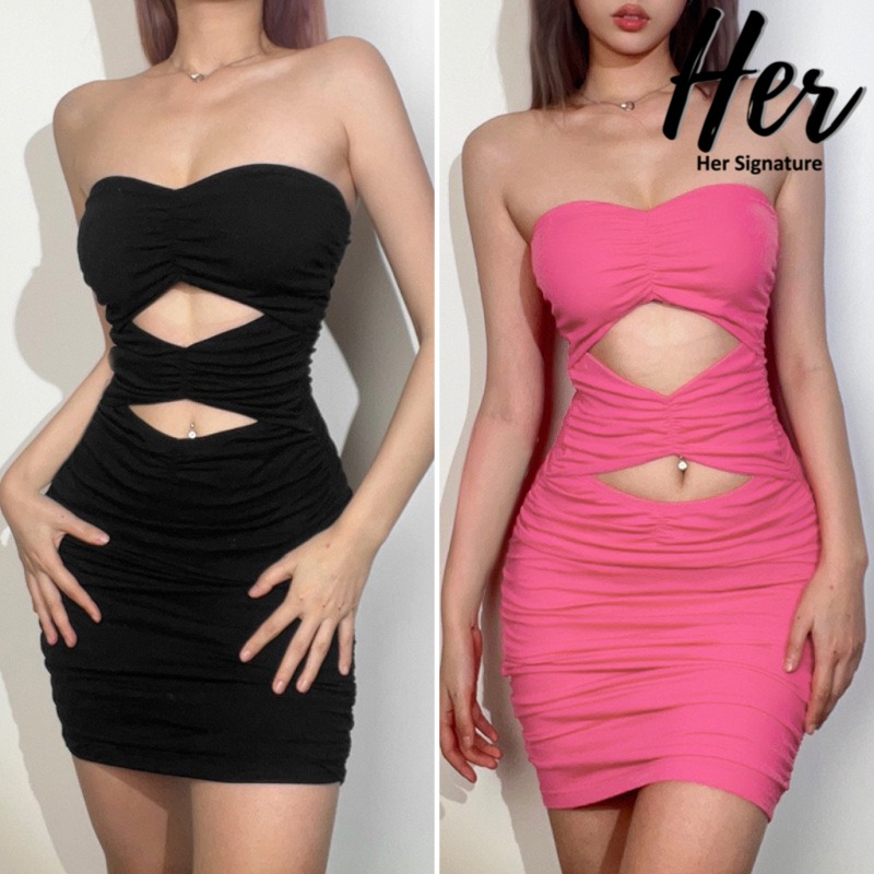 พร้อมส่ง/2สี เดรสสั้นออกงาน เดรสรัดรูป เสื้อไปร้านเหล้า เกาะอกสาวอวบ เกาะอกไหมพรม ชุดไปเที่ยวกลางคืน 1088