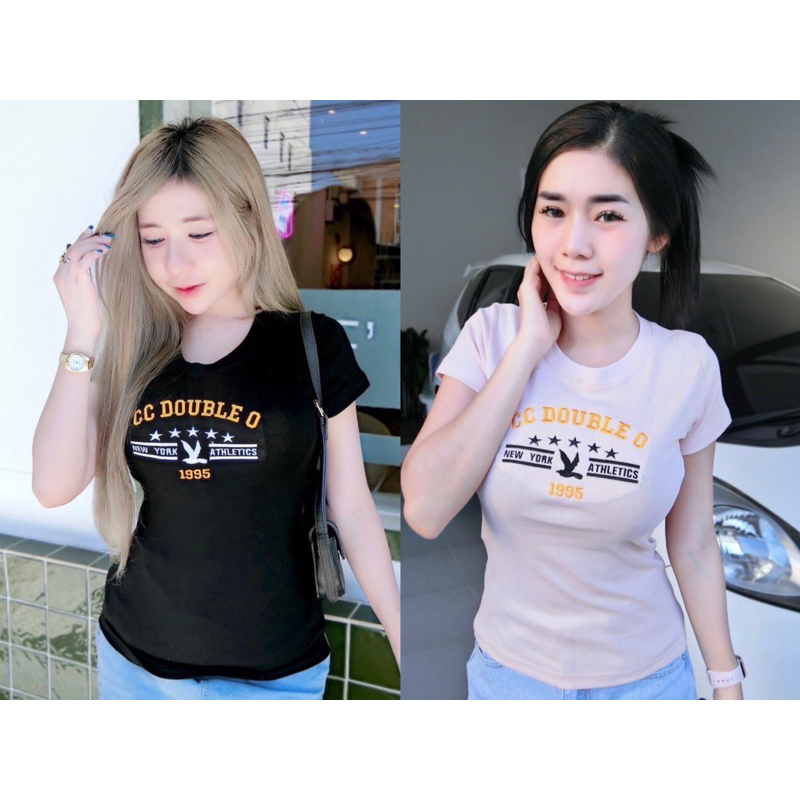 เสื้อยืดรัดรูปนมโตคอกลม/ปักลาย XS,S,M(พร้อมส่ง)