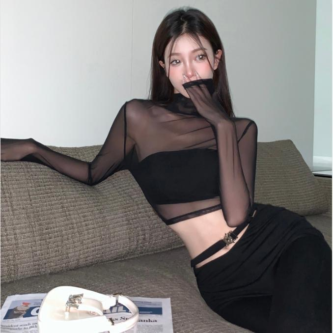 Sugar พร้อมส่ง เสื้อซีทรูแขนยาว(ไม่ได้เสื้อด้านใน) เชือกผูกเอว คอสูงเว้าหลัง รัดรูปเซ็กซี่(7J)