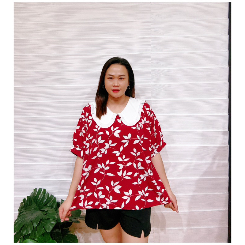 เสื้อสาวอวบคอปกบัวระบายพิมพ์ลวดลายใบไม้อก50”/พ010 ราคา ถูกที่สุด ดีลบีเคเค แกลเลอรีภาพที่ 4