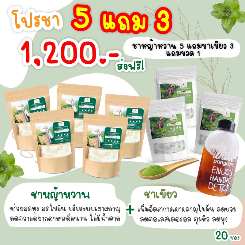 ชาหญ้าหวาน 5 ห่อ แถมชาเขียว 3 ฟรีขวด 1 ใบ