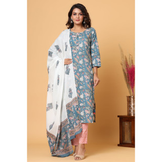 🔹️🔹️((Block Printed))🔹️🔹️ ชุดอินเดียเซต 3 ชิ้น ลายพิมพ์สุดสวย Blue Floral Block Printed Cotton Suit Set
