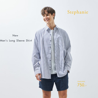 GSP Stephanie เสื้อมีปก แขนยาว เสื้อเชิ้ตสีเทาขาวลายตาราง (ชาย) (OMSL9WH)