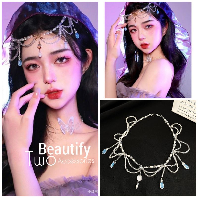 สายคาดศีรษะลูกปัดใสประดับที่คริสตัลกึ่งกลางหน้าผากสวยหวานจับใจมาก