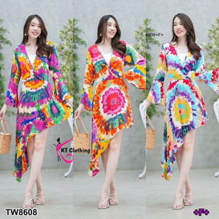 TT8608 เดรสคอวีระบายเฉียงหางปลาพิมลายดอกไม้ V-neck ruffled fishtail dress, floral print