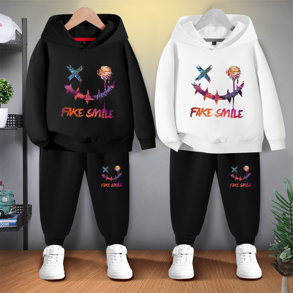 #E442+K442Bชุดเซ็ดเด็กชายและเด็กหญิงเสื้อฮู้ด+กางเกงขายาว（มี2ชิ้น）กางเกงเอวสายยาวยืดได้ใส่สบายฯมี7สี