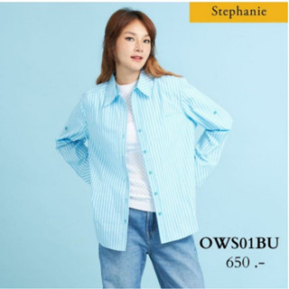 STEPHANIE เสื้อเชิ้ตแขนยาวสีฟ้าลายทางสีขาว (OWS01BU)