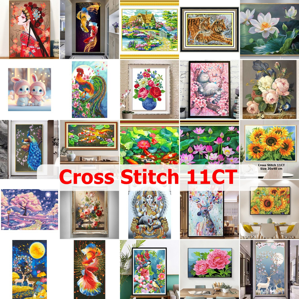 (พร้อมส่ง) ชุดปักครอสติชเส้นด้าย 11CT Cross stitch (ปัก3เส้น) ครอสติชผ้าพิมพ์ลาย งานฝีมือ DIY งานเย็บปักถักร้อย