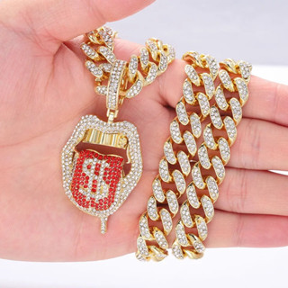 🇹🇭สินค้าพร้อมส่งจากไทย🇹🇭Iced Out Dollar ลิ้นจี้สร้อยคอ Chain Bling Rhinestone Miami Cuban Chain สร้อยคอเพชร