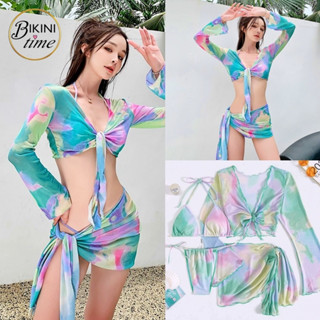 🏖BikiniTime (S,M,L,XL) SB228 มี3สี เซ็ท4ชิ้น บิกินี่ทูพีช เสื้อแขนยาว กระโปรงผูก ลายมัดย้อม