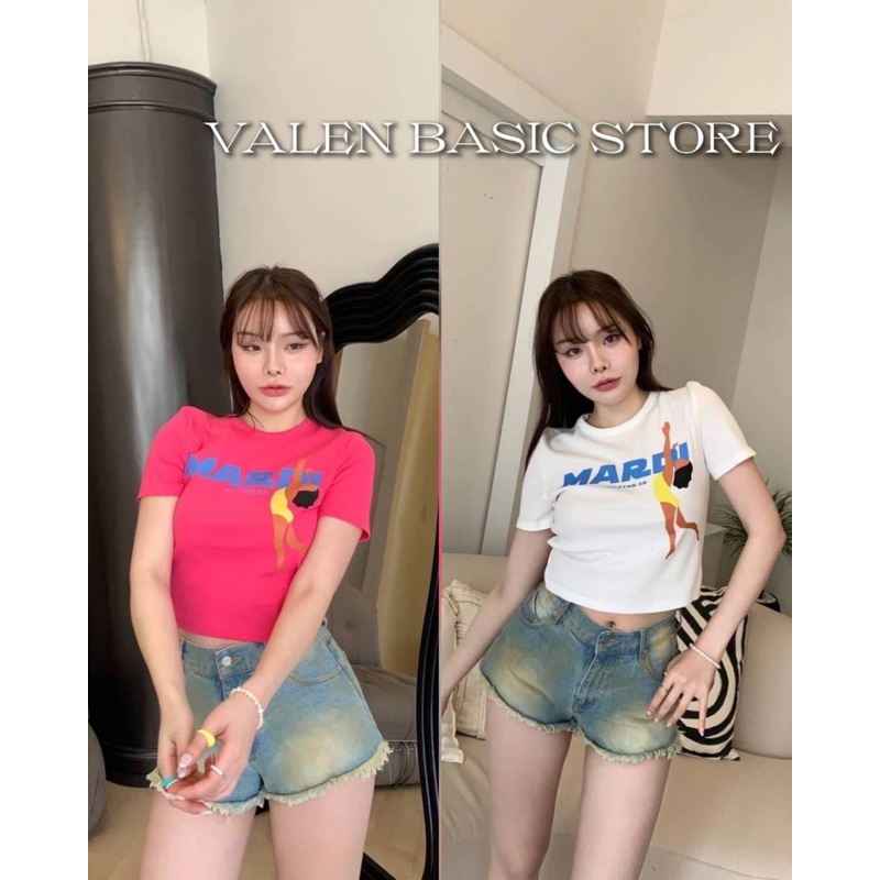 VALEN BASIC STORE💕 เสื้อครอปผ้ายืดร่อง ลายชุดว่ายน้ำ